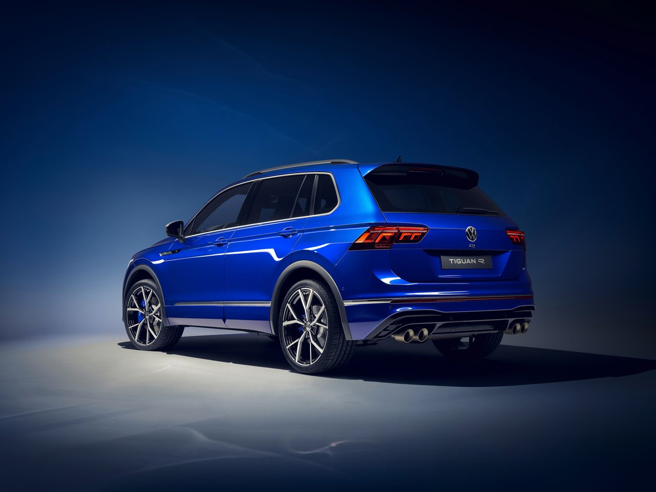 Rear view of a blue Volkswagen Tiguan R